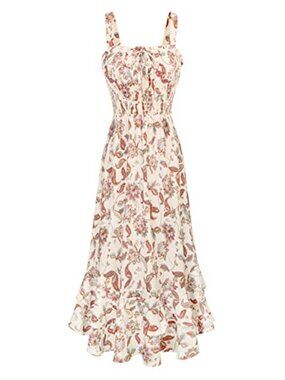 Womens Floral Maxi Dress Smocked Strappy Open Tiered Ruffle Beach Summer Fit Max